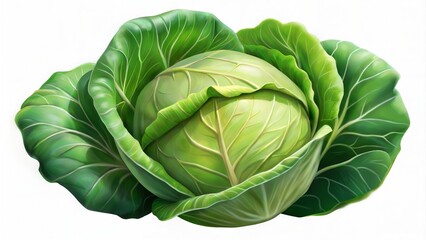 Obraz premium A vibrant green cabbage with layered leaves isolated on a white background in a close up view