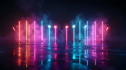 Neon Lights Columns With Pink And Blue Smoke And Reflections On Wet Floor
