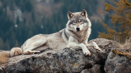 Fototapeta premium Gray Wolf Resting on Rocks Forest Wildlife