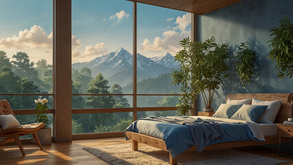 Cozy bedroom with panoramic mountain window view..