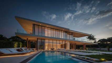 Fototapeta premium Luxury modern villa with illuminated evening pool..