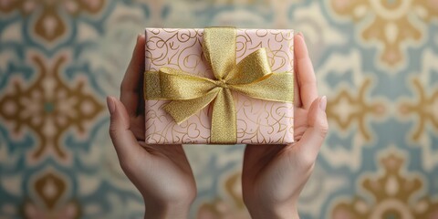 A person is holding a gift box with a gold ribbon