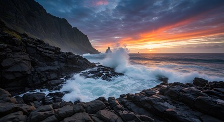 Obraz premium Coastal Sunset with Crashing Waves