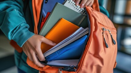 A person is holding a backpack with books in it