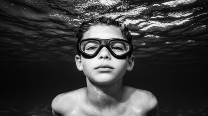 Underwater Portrait of a Boy with Swim Goggles in Black and White