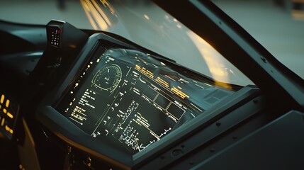 Close-up of a futuristic car's dashboard featuring a large, high-tech display showing various vehicle data and metrics. Sleek, dark design with glowing amber accents.