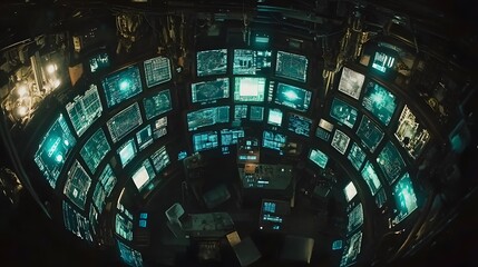 A futuristic control room filled with numerous computer screens displaying complex data and graphics. The room is dark, illuminated only by the screens' teal glow. An immersive, high-tech environment.