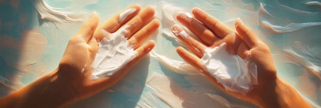 Two hands are covered in white lotion - Powered by Adobe