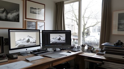 Fototapeta premium A bright, minimalist workspace features two iMacs displaying stunning mountain landscapes. Framed artwork adorns the walls, complementing the view of a tree-lined street outside the large window.