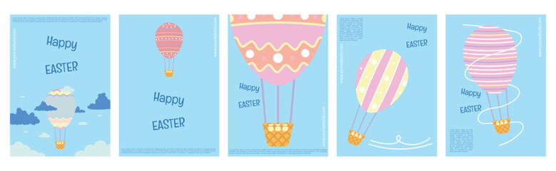 A cute and creative happy easter poster set with hot air balloon flying and a decorative egg