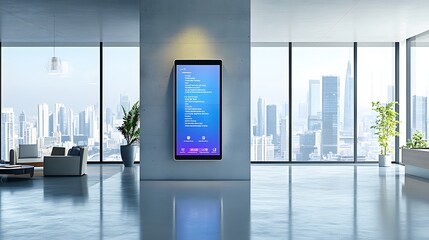 Modern office lobby with a large digital display showcasing information, set against a stunning cityscape backdrop. Sleek furniture and polished floors enhance the sophisticated ambiance.