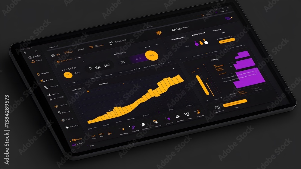 Poster a dark-themed tablet displays a dynamic dashboard with charts, graphs, and key performance indicator