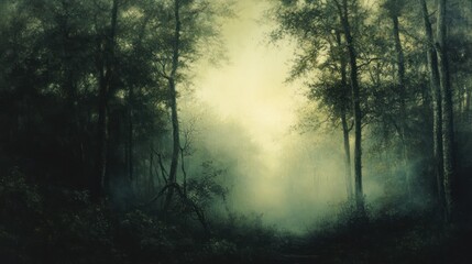 Obraz premium Ethereal glow through trees in dark forest, an atmosphere of mystery