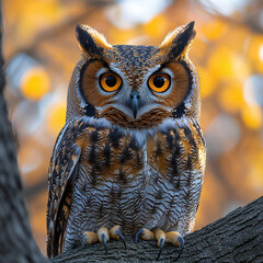 A close-up of an owl perched on a tree branch, with its piercing eyes in sharp focus