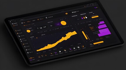 A dark-themed tablet displays a dynamic dashboard with charts, graphs, and key performance indicators (KPIs).