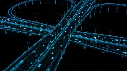 Wireframe of a busy highway bridge on water with many cars driving fast. 3D animation.