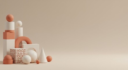 Abstract 3D Render of Geometric Shapes in Earthy Tones: Minimalist Composition of Cubes, Spheres, and Cones