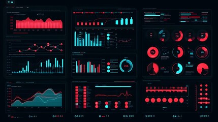 Futuristic dashboard displays various data visualizations including charts, graphs, and pie charts.  Red and teal accents highlight key performance indicators (KPIs) on a dark background.