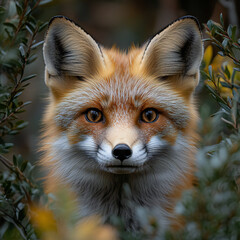 Obraz premium A curious fox peeking through the underbrush in a dense forest