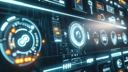 Obraz premium Futuristic data interface display digital environment technology concept close-up view