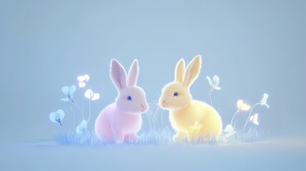 Fototapeta premium Playful bunnies interacting in a dreamy garden animated scene whimsical environment