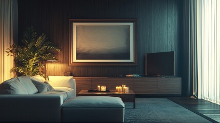 Cozy Modern Living Room with Artwork and Candles in Evening Light