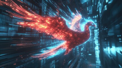 Neon Phoenix Ascending Through Cybernetic Landscape, Digital Art Display