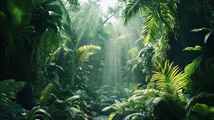 Lush equatorial jungle scenery illuminated by ethereal sunlight beams