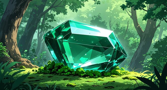 A large emerald crystal resting on a bed of moss anime cartoon style illustration artwork design background