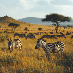 Naklejka premium A herd of zebras grazing on the African savannah, with acacia trees in the background