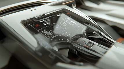 Close-up of a futuristic car's dashboard featuring a sleek, high-tech interface with various digital displays and controls.  The design is minimalist and modern, showcasing innovative technology.