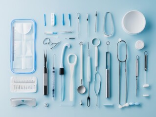 Medical tools flat lay with clinical lighting and negative space