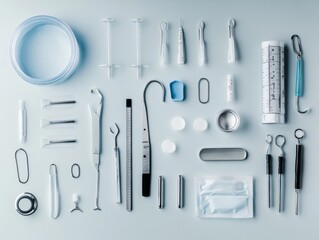 Medical tools flat lay with clinical lighting and negative space