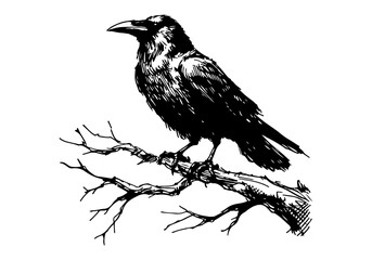 Obraz premium Raven Hand Drawn Illustration Black and White Vector Isolated