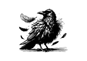 Raven Hand Drawn Illustration Black and White Vector Isolated
