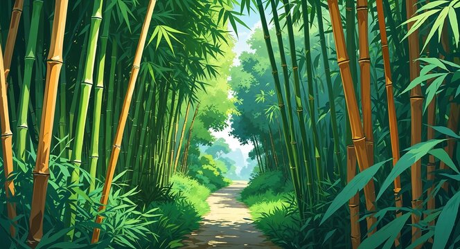Bamboo grove with tall stalks and lush greenery surrounding a narrow path anime cartoon style illustration artwork design background