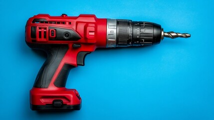 Red cordless drill, blue background, DIY project