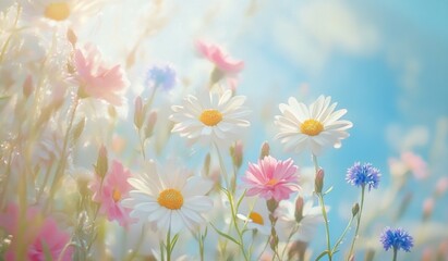 Sunlit daisies and wildflowers in a field.