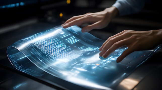 Close-up of hands interacting with a futuristic, transparent, flexible screen displaying lines of code.  The image evokes innovation and technological advancement.