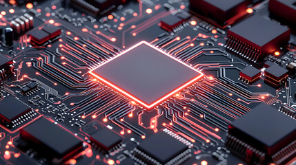 Close Up View Of Modern Circuit Board With Glowing Processor