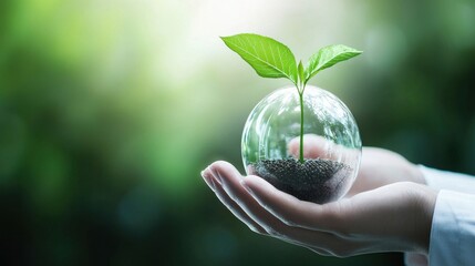Nurturing Green Plant in Glass Sphere Held by Hands Outdoors