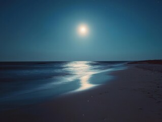 Obraz premium Moonlit beach with light painting and serene composition, space for text above