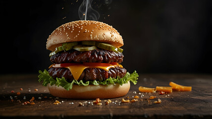 Juicy Double Cheeseburger Sesame Bun Dark Background