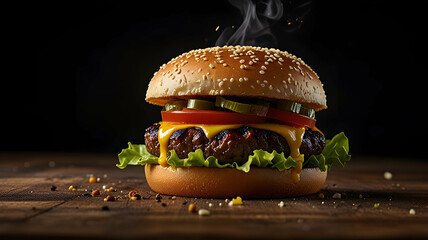 Juicy Cheeseburger Sesame Bun Wooden Table Dark Background