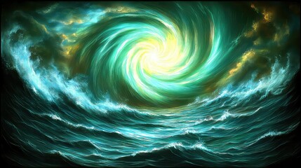 A glowing spiral vortex over turbulent ocean waves