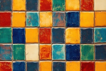 Mosaic tiles in triadic color scheme with symmetrical composition and diffused light