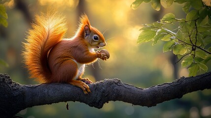 Squirrel eating nut on tree branch, dappled sunlight in lush forest background