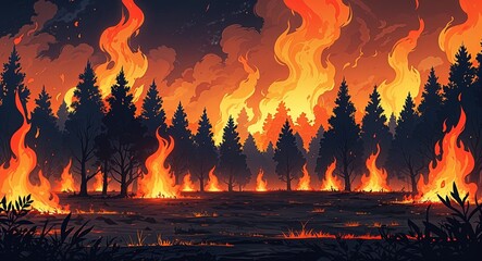 Fire blazing in a charred forest clearing after a storm anime cartoon style illustration artwork design background