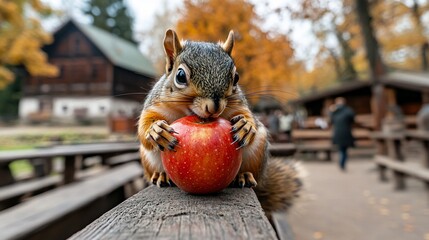 Fototapeta premium Squirrel eating red apple on wooden railing with park buildings in fall