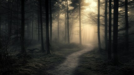 A path winds through a misty forest towards bright sunlight